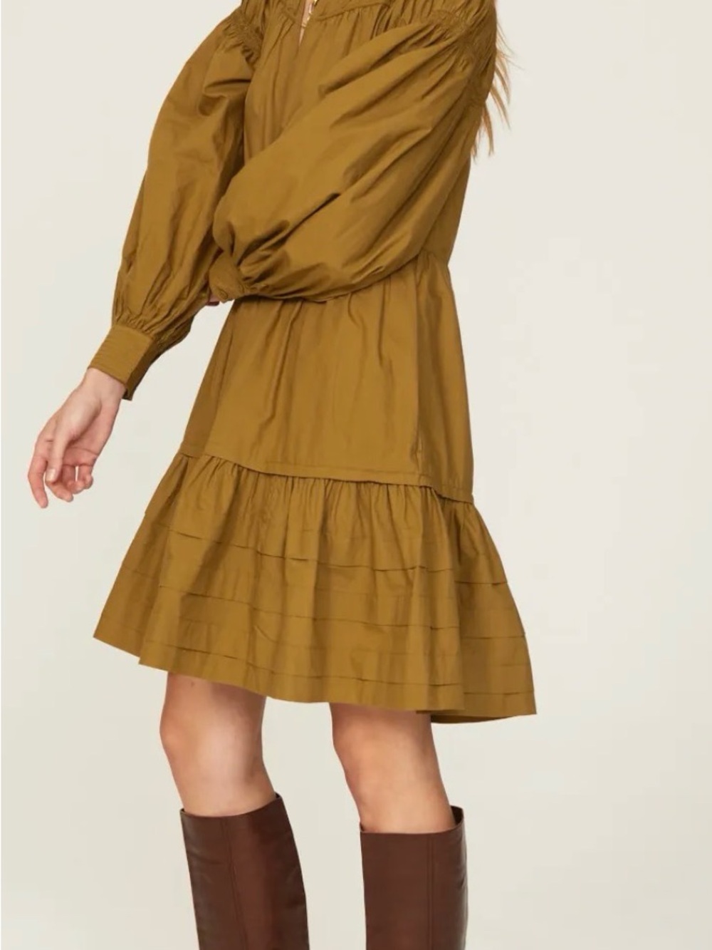 Ulla Johnson Rosa Dress Tiered Long Sleeve Mini Dress in Olive - Picture 2 of 9